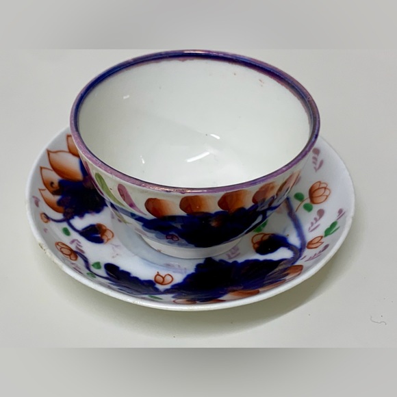 19th Century Antique Gaudy Welsh Grape Pattern Miniature Handleless Cup & Saucer - Picture 3 of 16